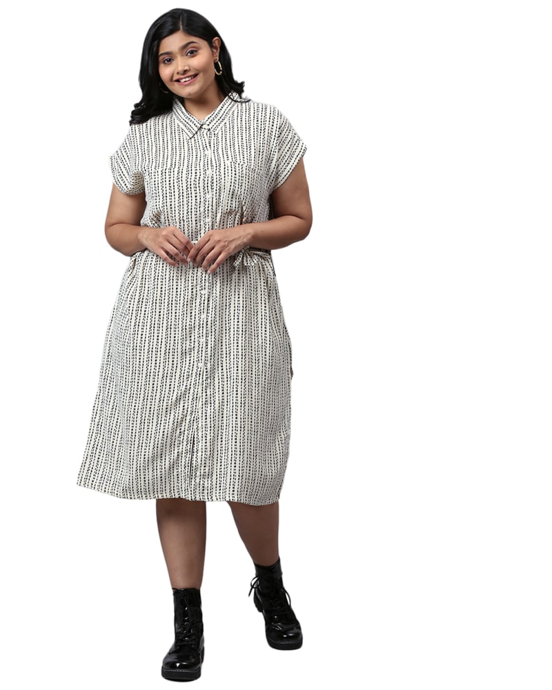 Front of a model wearing a size 5XL Striped Printed Front Button Dress in Cream by Instafab Plus. | dia_product_style_image_id:298070